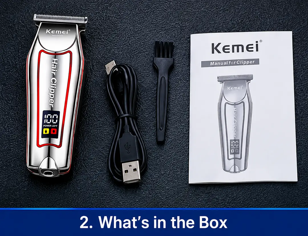 Kemei KM-034 Professional Hair Clipper – Cordless Rechargeable Hair & Beard Trimmer with Digital Display, Stainless Steel T-Blade & Powerful Motor