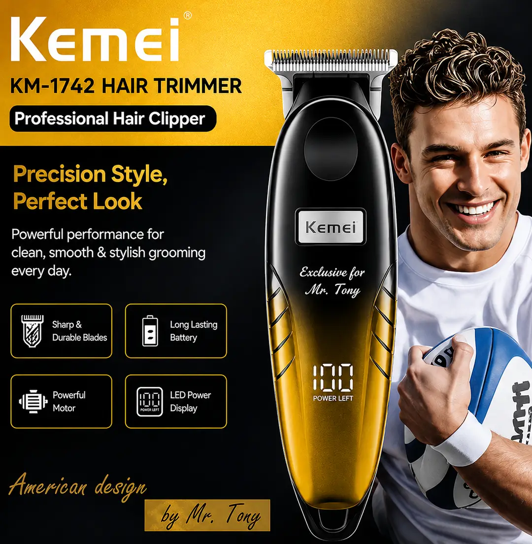 Kemei KM-1742 Professional Hair Trimmer – Rechargeable Cordless Beard & Hair Clipper with LED Power Display