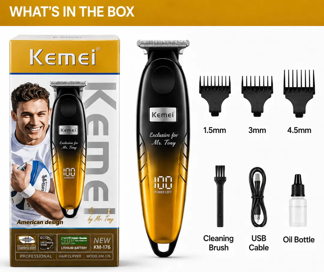 Kemei KM-1742 Professional Hair Trimmer – Rechargeable Cordless Beard & Hair Clipper with LED Power Display