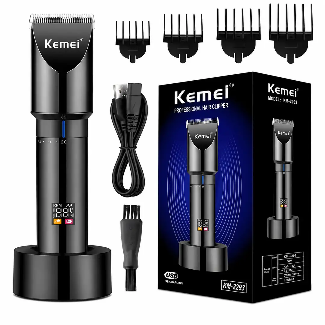 Kemei KM-3233 Professional Hair Clipper for Men – Rechargeable Cordless Hair & Beard Trimmer with LCD Digital Display, Adjustable Cutting Length, 4 Guide Combs & USB Charging
