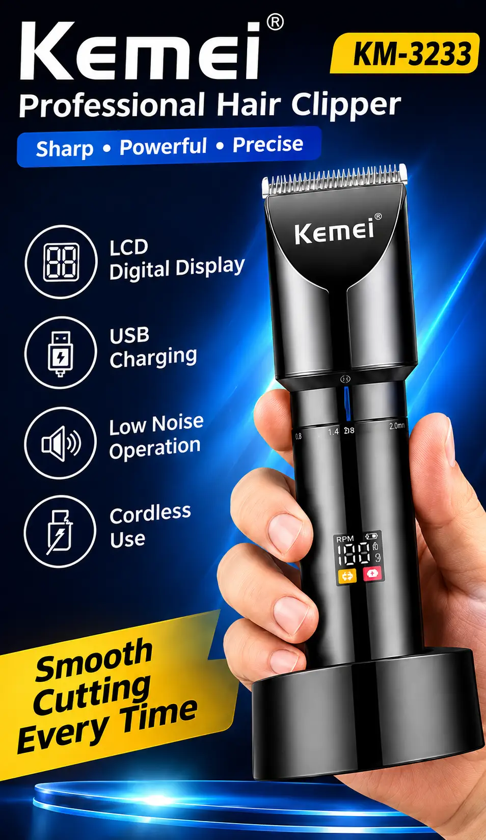 Kemei KM-3233 Professional Hair Clipper for Men – Rechargeable Cordless Hair & Beard Trimmer with LCD Digital Display, Adjustable Cutting Length, 4 Guide Combs & USB Charging