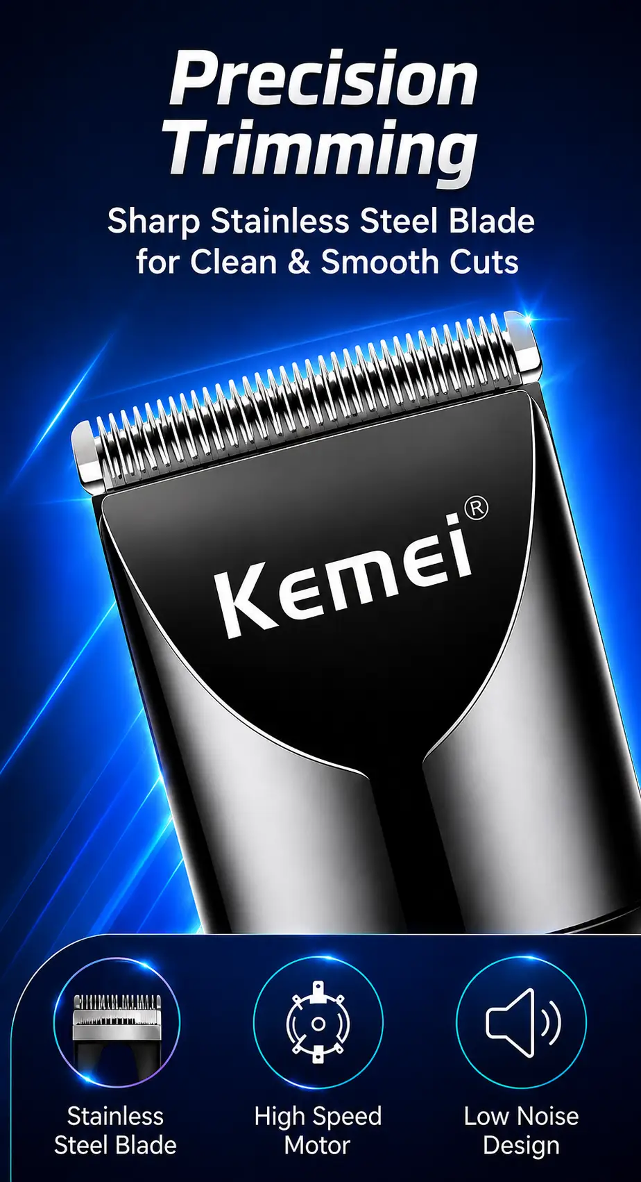 Kemei KM-3233 Professional Hair Clipper for Men – Rechargeable Cordless Hair & Beard Trimmer with LCD Digital Display, Adjustable Cutting Length, 4 Guide Combs & USB Charging