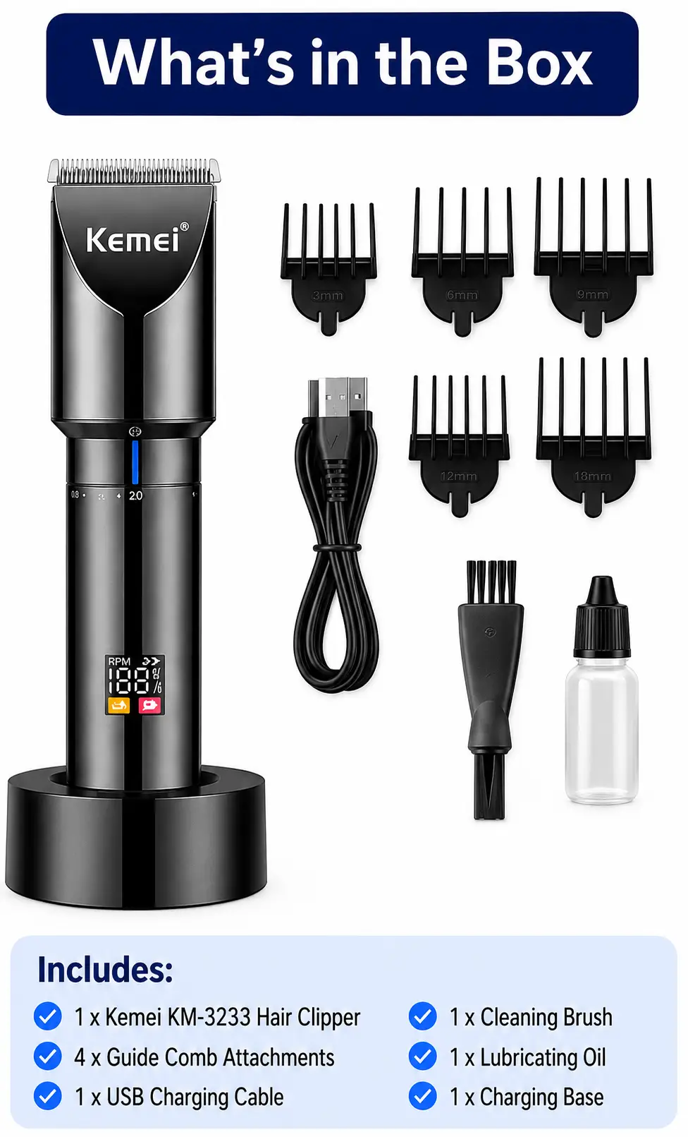 Kemei KM-3233 Professional Hair Clipper for Men – Rechargeable Cordless Hair & Beard Trimmer with LCD Digital Display, Adjustable Cutting Length, 4 Guide Combs & USB Charging