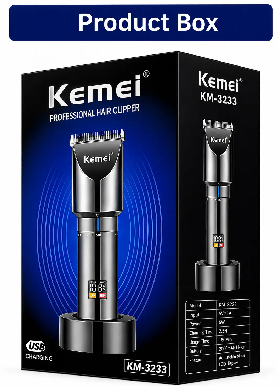 Kemei KM-3233 Professional Hair Clipper for Men – Rechargeable Cordless Hair & Beard Trimmer with LCD Digital Display, Adjustable Cutting Length, 4 Guide Combs & USB Charging