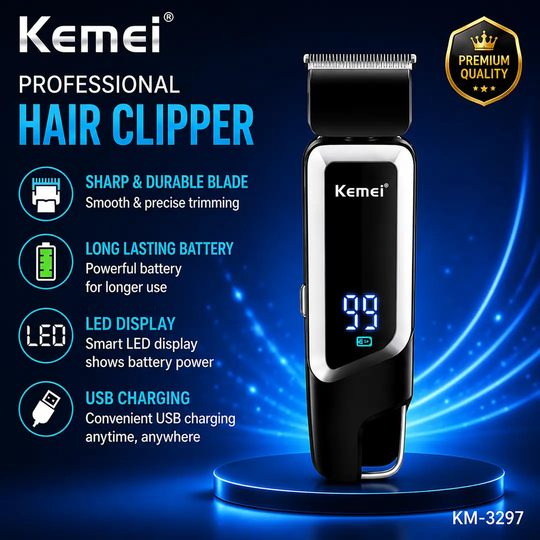 Kemei KM-3297 Professional Hair Clipper – Cordless Rechargeable Trimmer with LED Digital Battery Display, USB Charging & Sharp Stainless Steel Blades