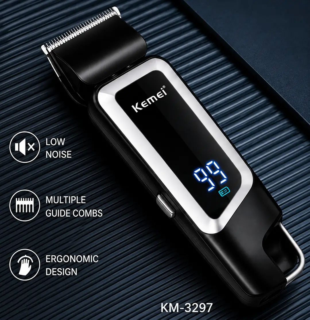 Kemei KM-3297 Professional Hair Clipper – Cordless Rechargeable Trimmer with LED Digital Battery Display, USB Charging & Sharp Stainless Steel Blades