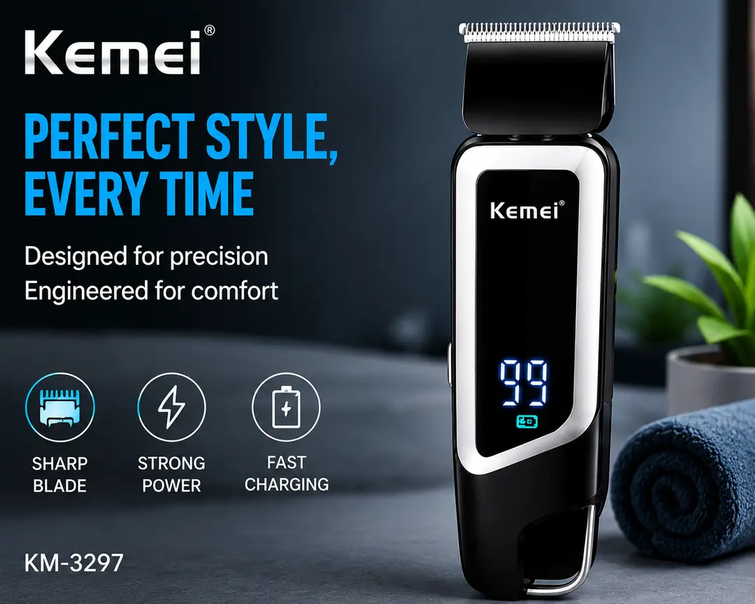 Kemei KM-3297 Professional Hair Clipper – Cordless Rechargeable Trimmer with LED Digital Battery Display, USB Charging & Sharp Stainless Steel Blades