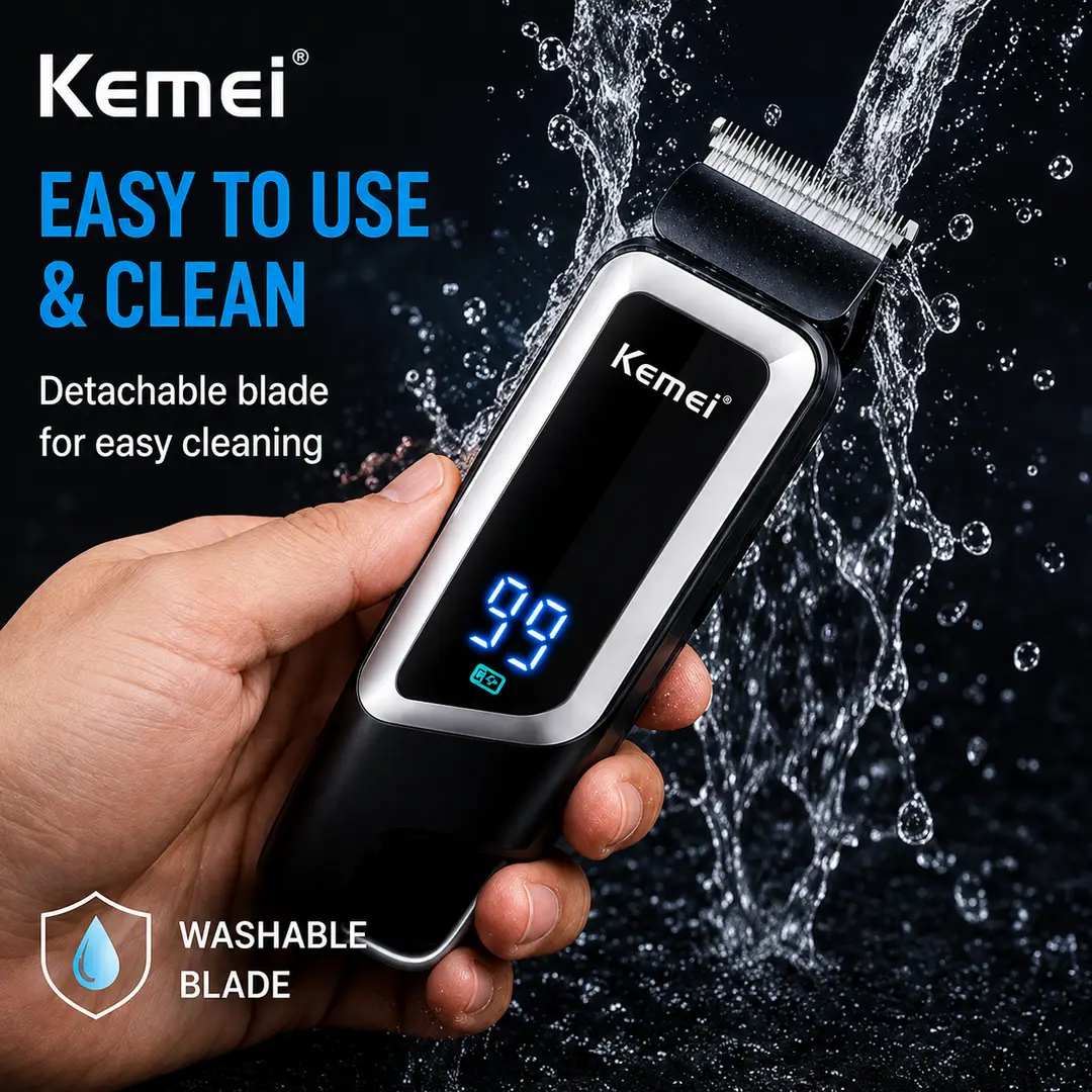 Kemei KM-3297 Professional Hair Clipper – Cordless Rechargeable Trimmer with LED Digital Battery Display, USB Charging & Sharp Stainless Steel Blades