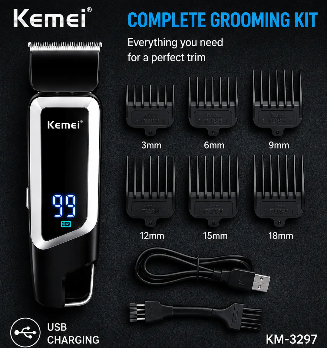 Kemei KM-3297 Professional Hair Clipper – Cordless Rechargeable Trimmer with LED Digital Battery Display, USB Charging & Sharp Stainless Steel Blades