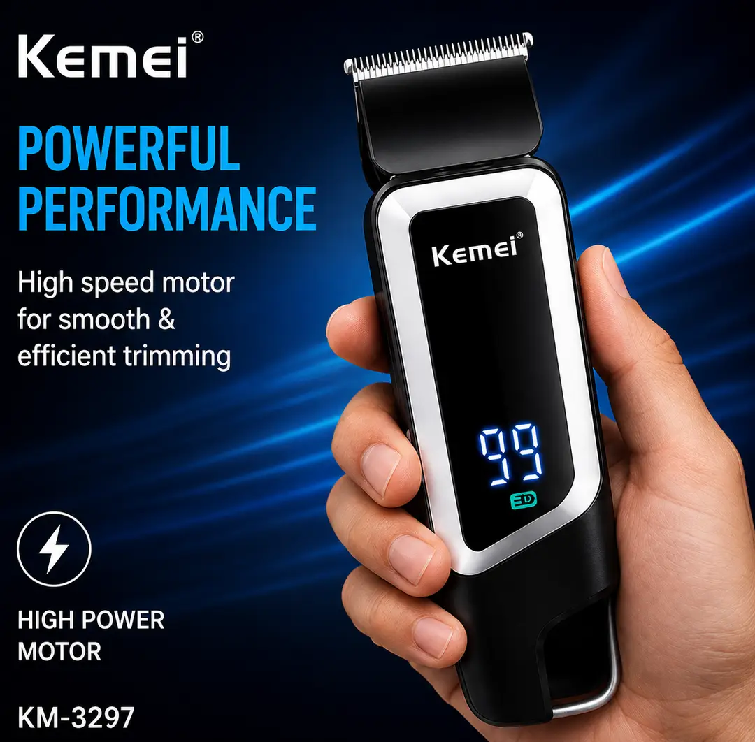 Kemei KM-3297 Professional Hair Clipper – Cordless Rechargeable Trimmer with LED Digital Battery Display, USB Charging & Sharp Stainless Steel Blades