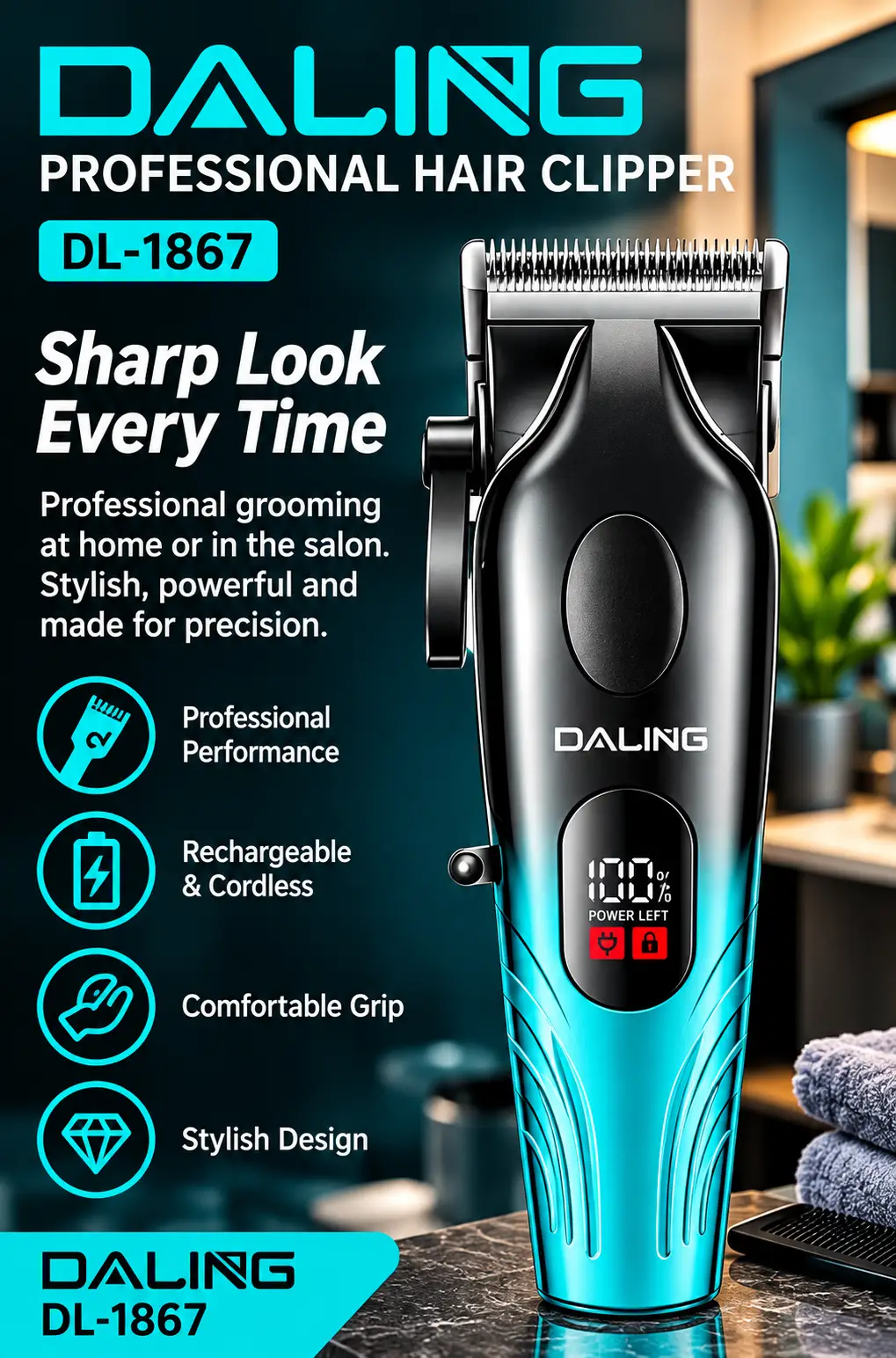 Daling Professional Hair Clipper DL-1867 | Rechargeable Cordless Hair Trimmer for Men | Professional Salon & Home Use | Digital Power Display | Stylish Turquoise & Black Design