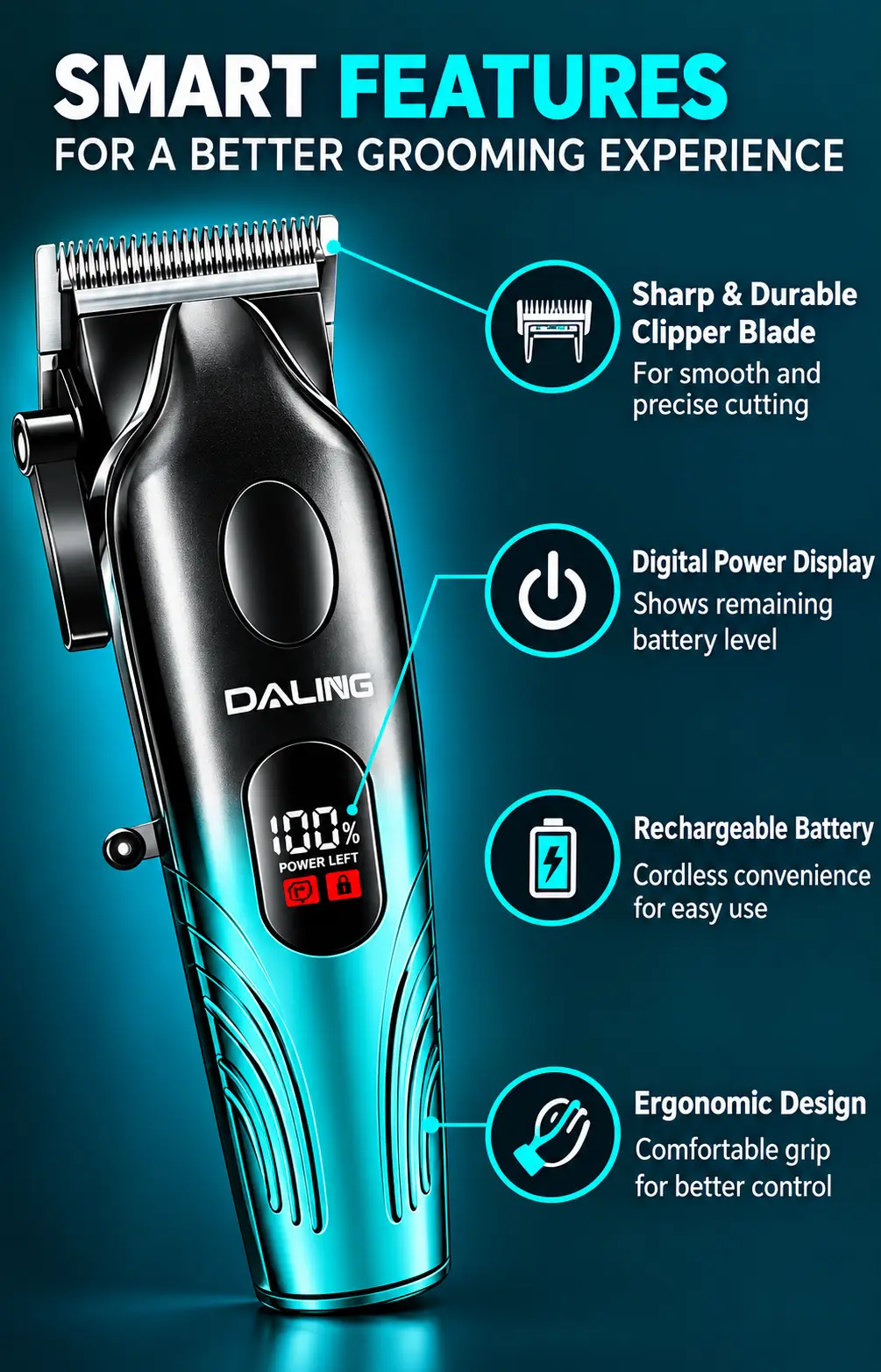 Daling Professional Hair Clipper DL-1867 | Rechargeable Cordless Hair Trimmer for Men | Professional Salon & Home Use | Digital Power Display | Stylish Turquoise & Black Design