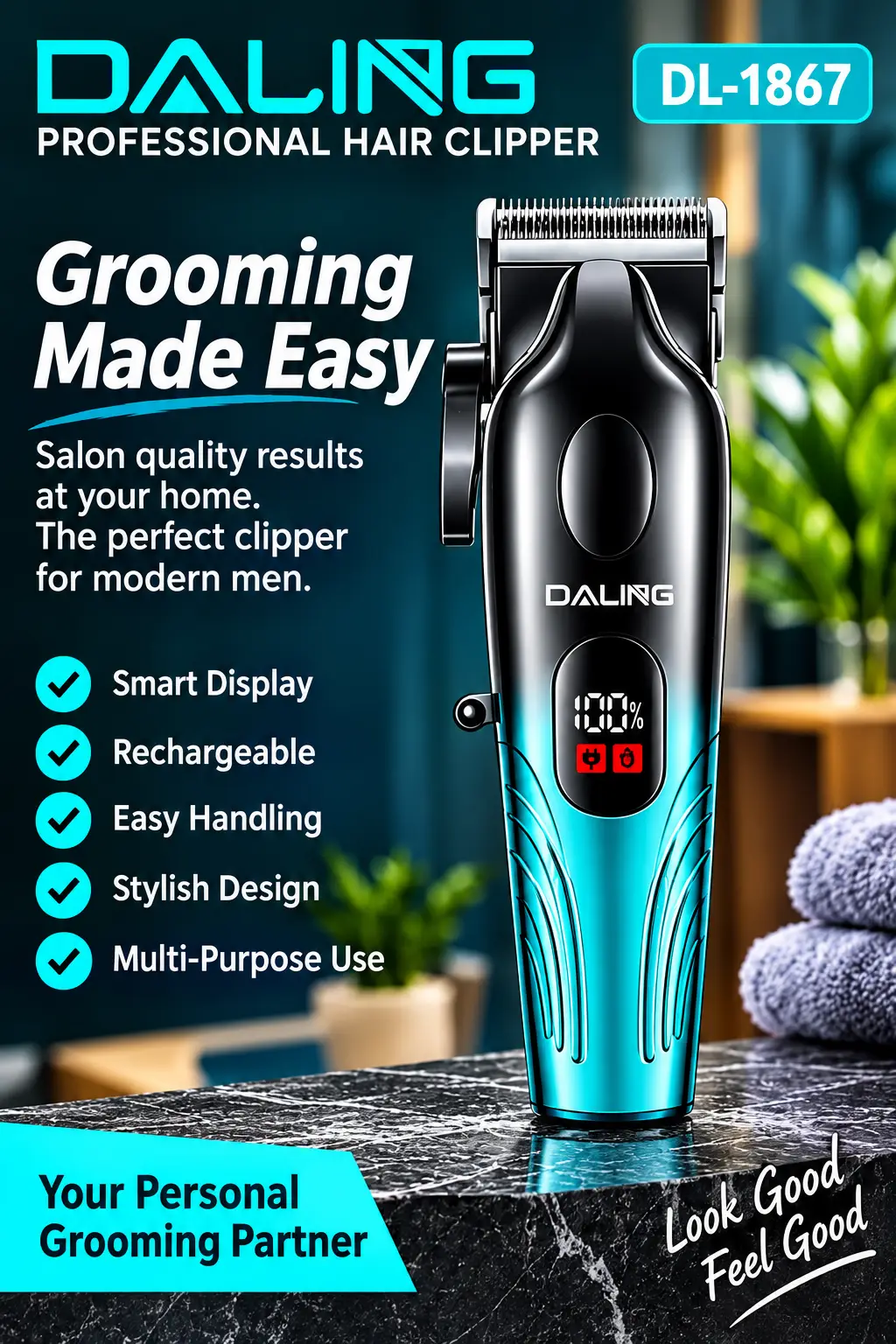 Daling Professional Hair Clipper DL-1867 | Rechargeable Cordless Hair Trimmer for Men | Professional Salon & Home Use | Digital Power Display | Stylish Turquoise & Black Design