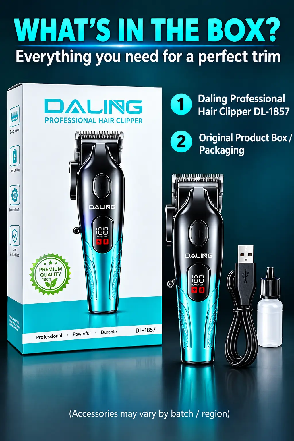 Daling Professional Hair Clipper DL-1867 | Rechargeable Cordless Hair Trimmer for Men | Professional Salon & Home Use | Digital Power Display | Stylish Turquoise & Black Design