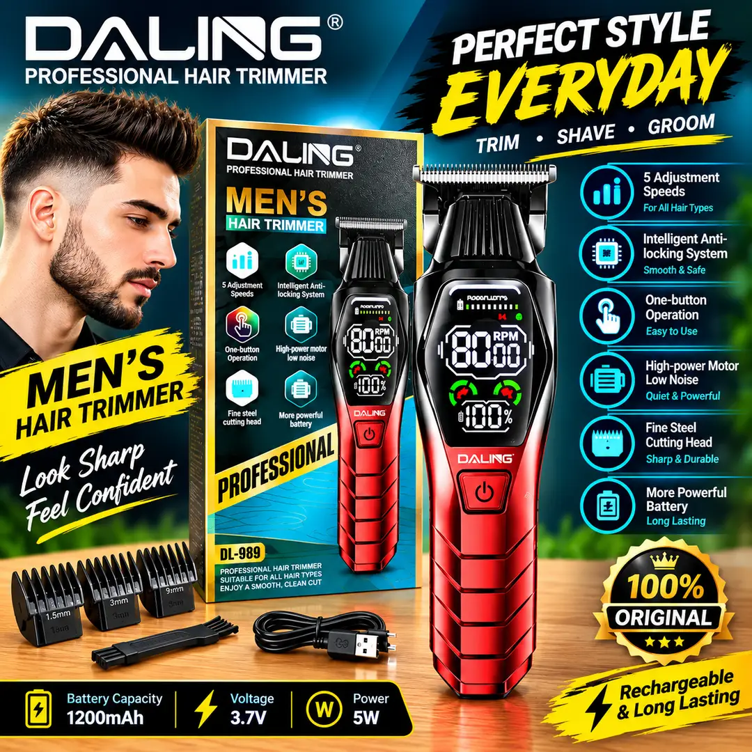 DALING DL-1980 Professional Hair Trimmer for Men – Rechargeable Cordless Beard & Hair Clipper with 5 Adjustment Speeds, Digital Display, Powerful Low-Noise Motor & Fine Steel Cutting Head