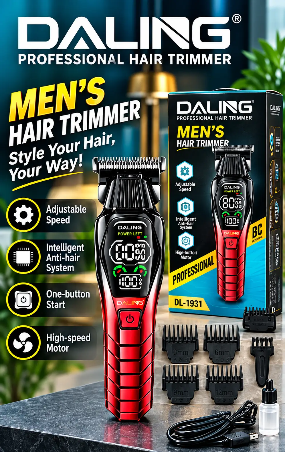 DALING DL-1980 Professional Hair Trimmer for Men – Rechargeable Cordless Beard & Hair Clipper with 5 Adjustment Speeds, Digital Display, Powerful Low-Noise Motor & Fine Steel Cutting Head