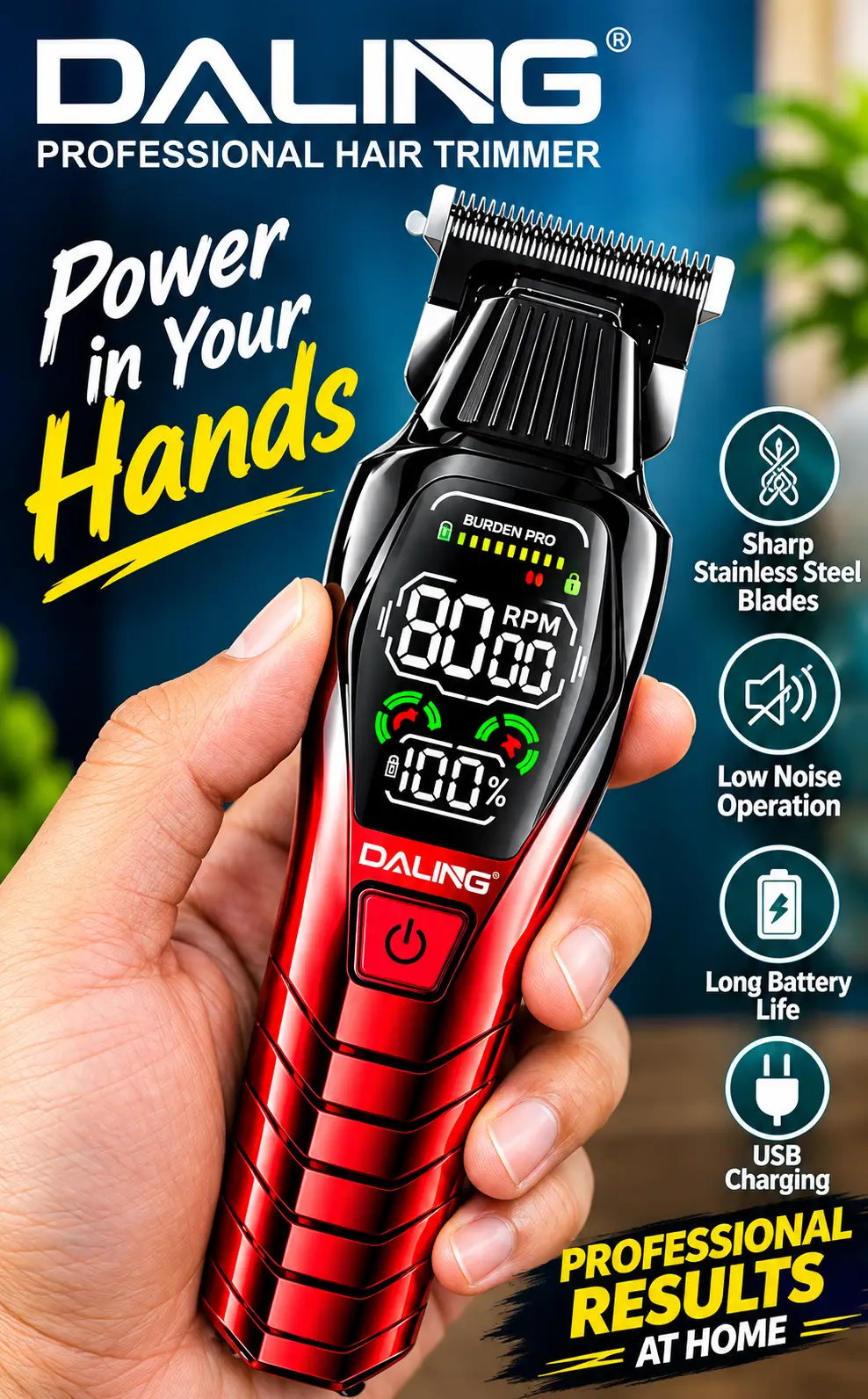 DALING DL-1980 Professional Hair Trimmer for Men – Rechargeable Cordless Beard & Hair Clipper with 5 Adjustment Speeds, Digital Display, Powerful Low-Noise Motor & Fine Steel Cutting Head