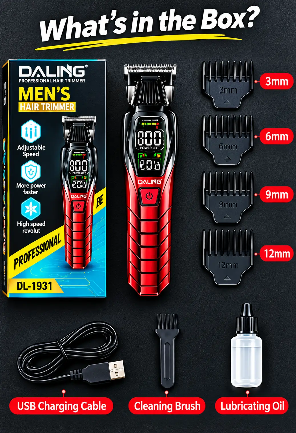 DALING DL-1980 Professional Hair Trimmer for Men – Rechargeable Cordless Beard & Hair Clipper with 5 Adjustment Speeds, Digital Display, Powerful Low-Noise Motor & Fine Steel Cutting Head