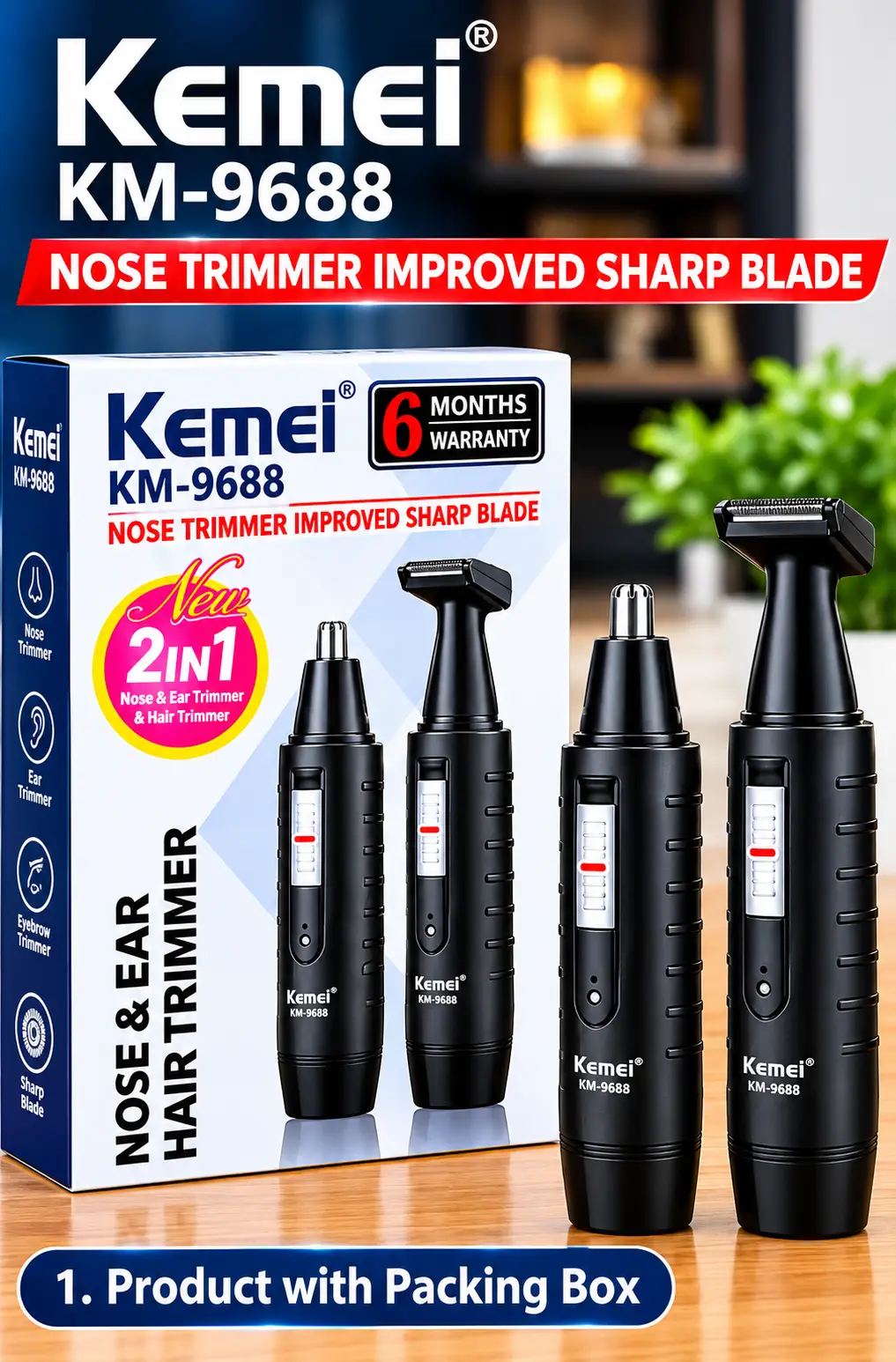 Kemei KM-9688 2-in-1 Rechargeable Nose & Ear Hair Trimmer