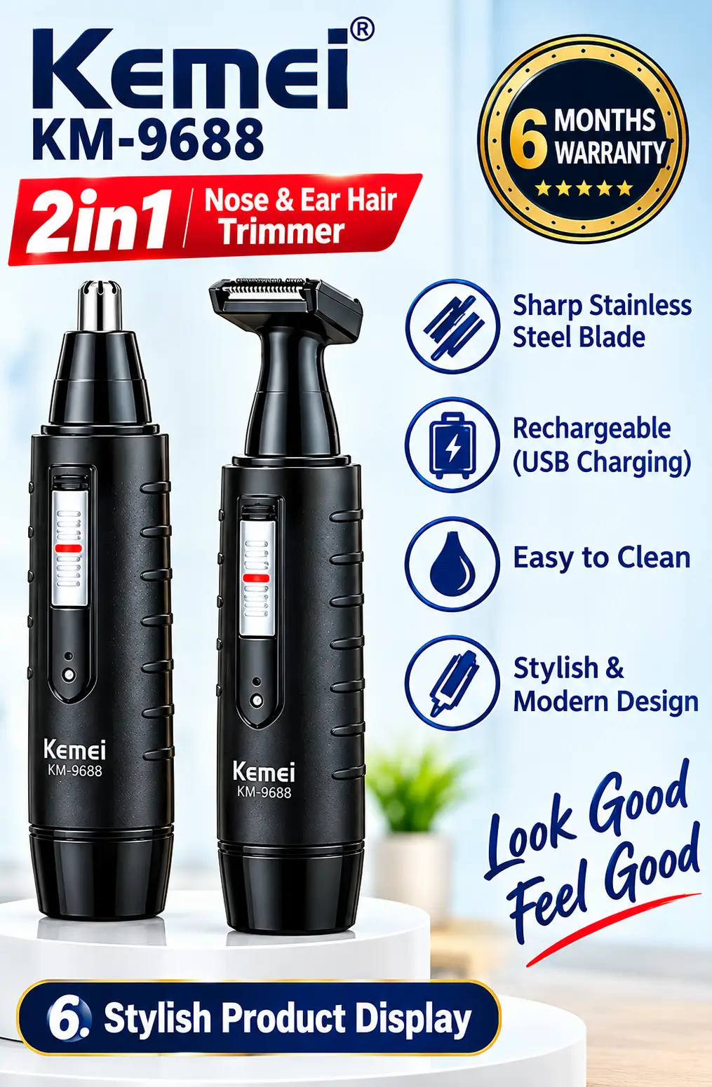 Kemei KM-9688 2-in-1 Rechargeable Nose & Ear Hair Trimmer
