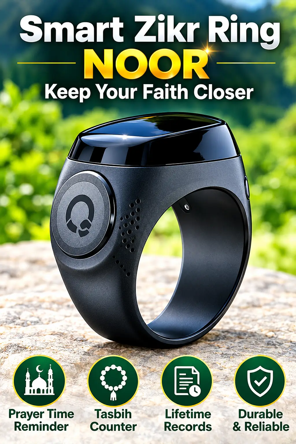 iQIBLA Smart Zikr Ring Noor | Digital Tasbih Counter Ring | Prayer Time Reminder | Smart Zikr Ring with Lifetime Records | Islamic Gift for Men & Women