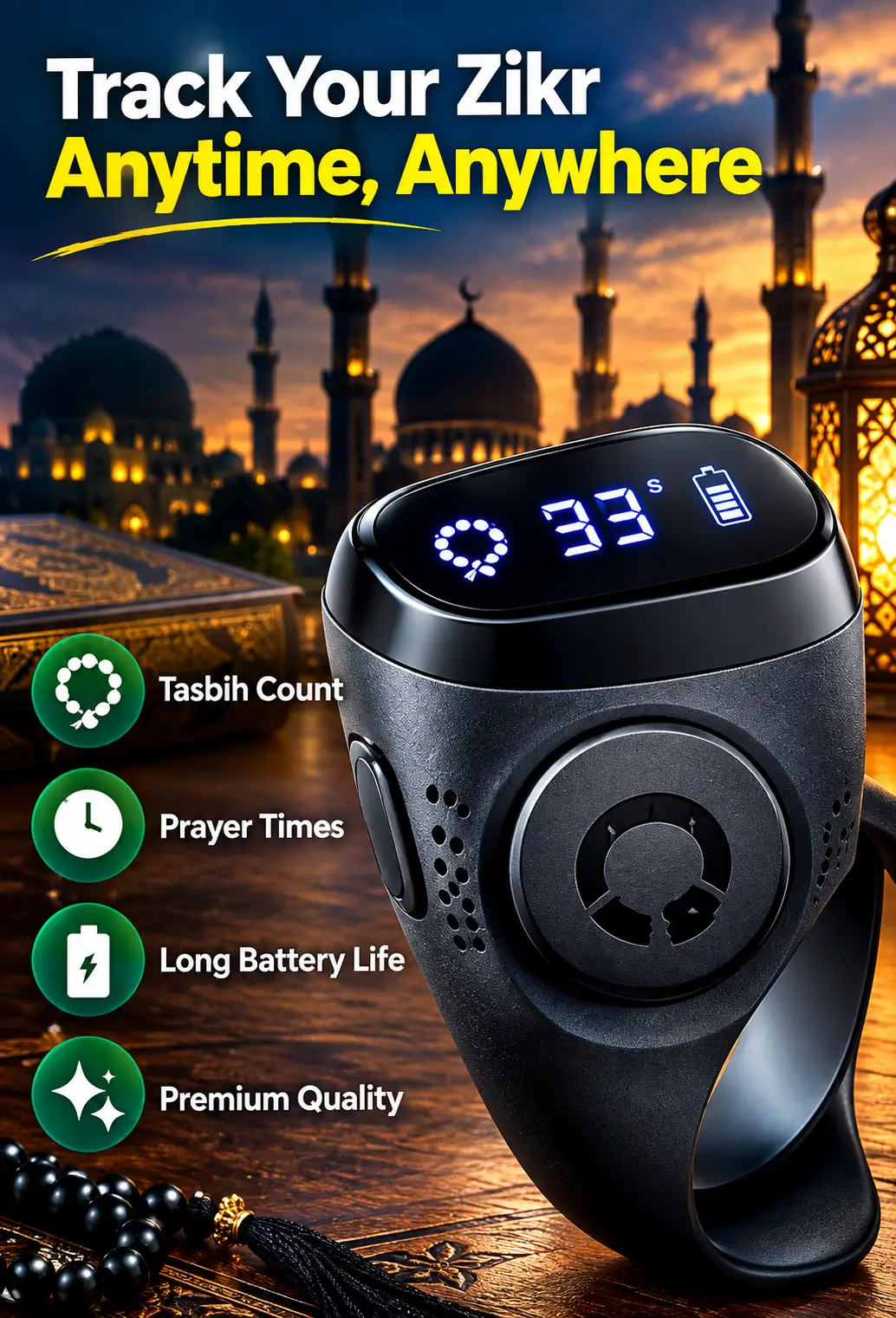 iQIBLA Smart Zikr Ring Noor | Digital Tasbih Counter Ring | Prayer Time Reminder | Smart Zikr Ring with Lifetime Records | Islamic Gift for Men & Women