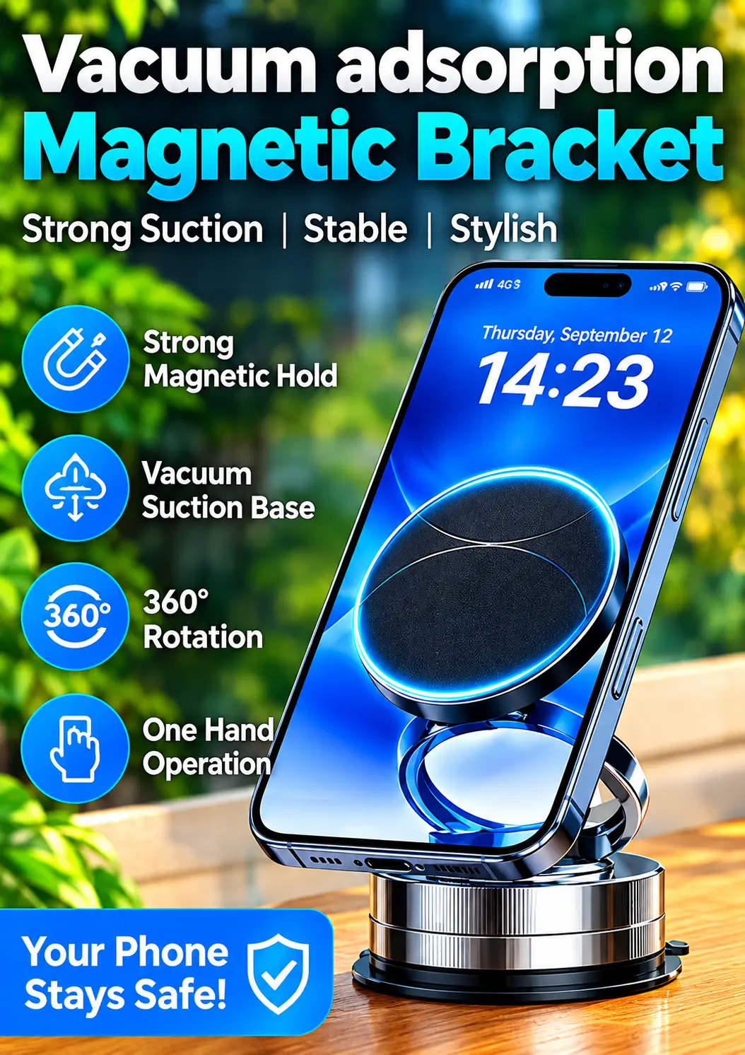 360° Rotating Vacuum Adsorption Magnetic Phone Holder | Strong Magnetic Car & Desk Mount | Universal Smartphone Bracket with Metal Ring | Premium Adjustable Mobile Stand