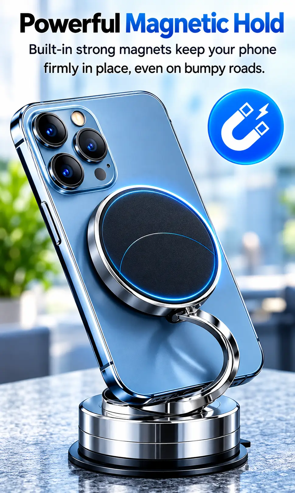 360° Rotating Vacuum Adsorption Magnetic Phone Holder | Strong Magnetic Car & Desk Mount | Universal Smartphone Bracket with Metal Ring | Premium Adjustable Mobile Stand