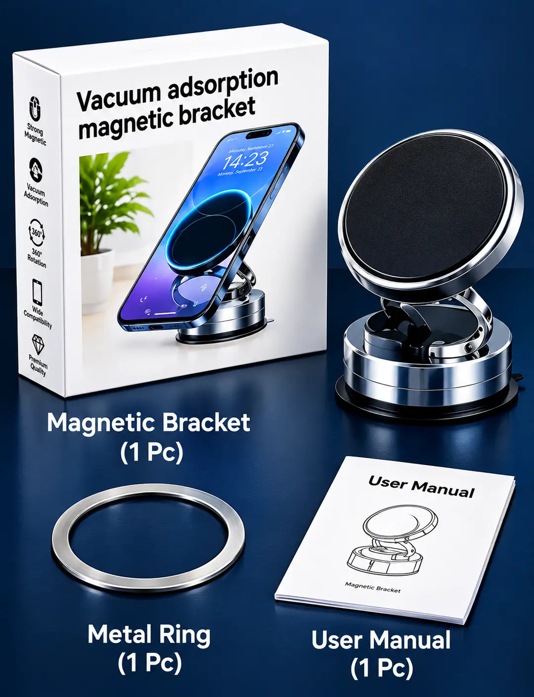 360° Rotating Vacuum Adsorption Magnetic Phone Holder | Strong Magnetic Car & Desk Mount | Universal Smartphone Bracket with Metal Ring | Premium Adjustable Mobile Stand
