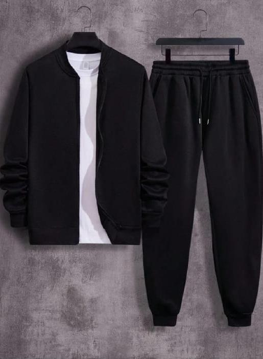 Men Black Zipper Track Suit Polyester Winter Wear