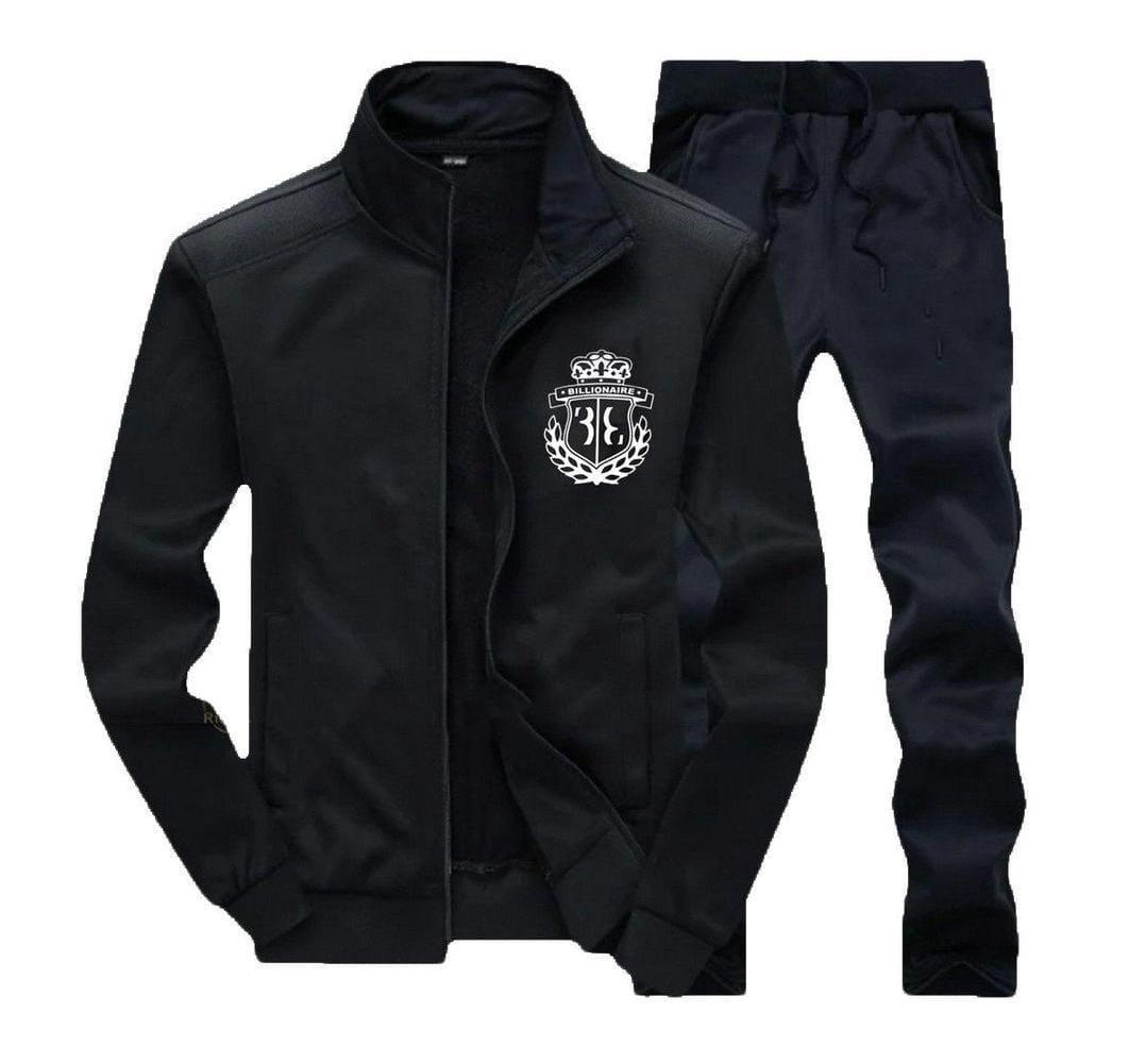 Black Full Zip Track Suit with White Crest Logo for Men