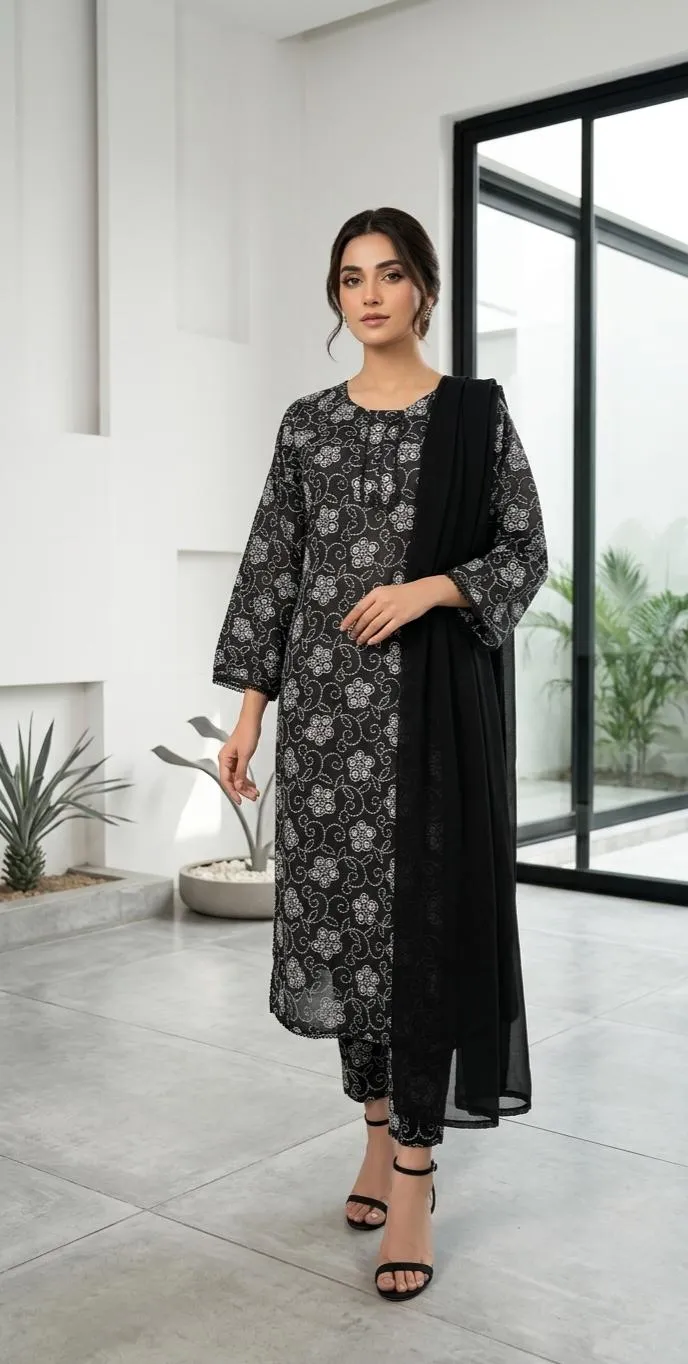3 Pcs Women's Stitched Lawn Digital Print Suit Black Special
