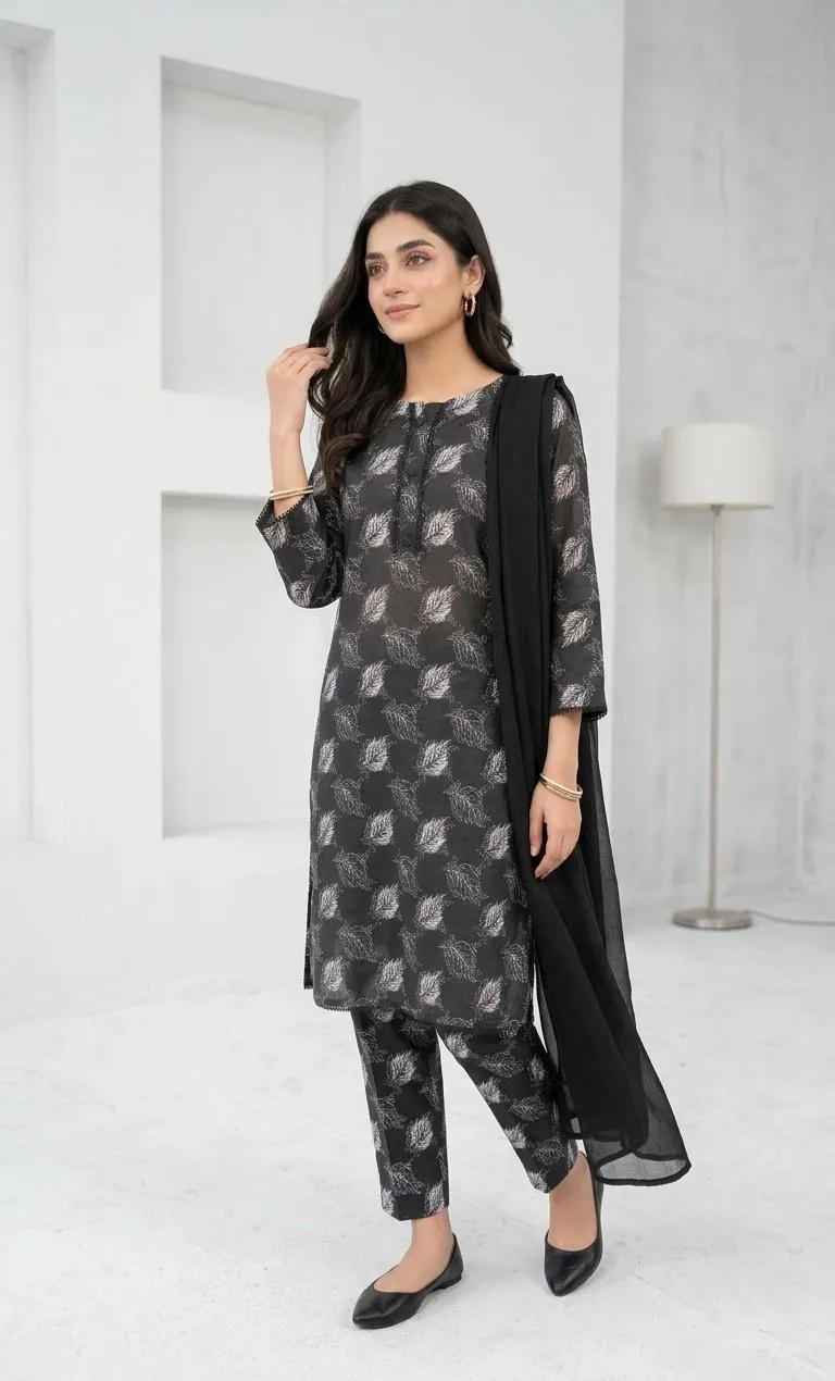 3 Pcs Women's Stitched Lawn Digital Print Suit Black Special