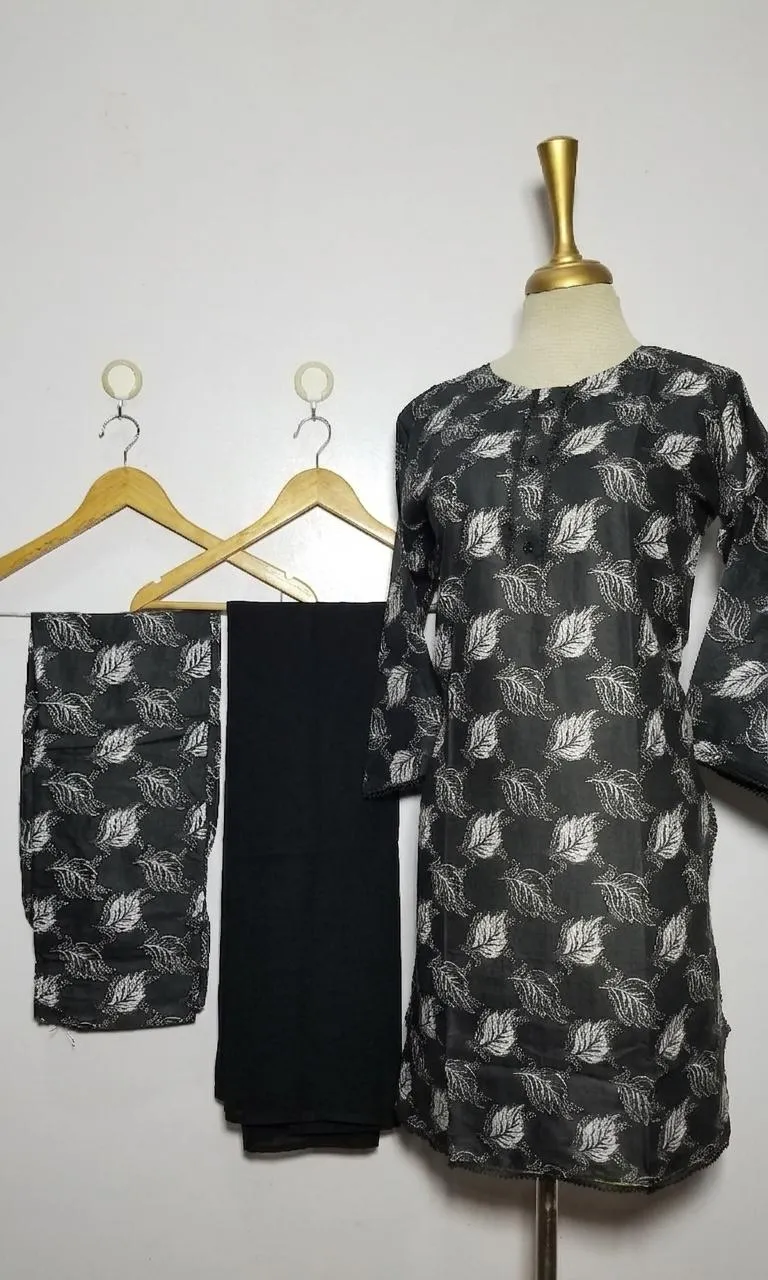 3 Pcs Women's Stitched Lawn Digital Print Suit Black Special