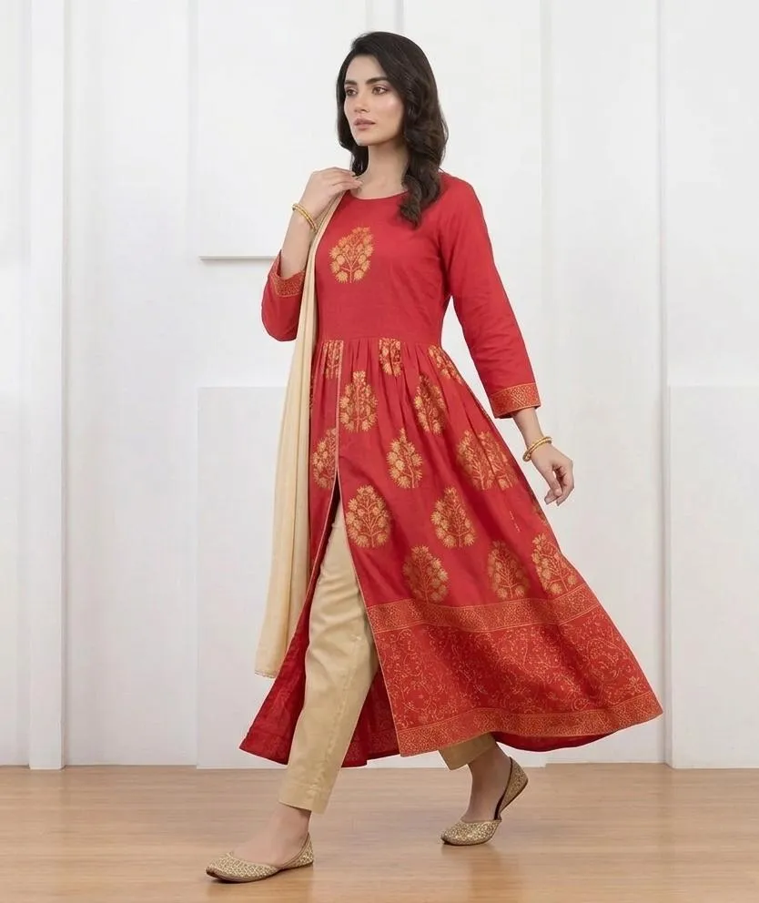 Red Block Printed Arabic Lawn Maxi Set for Women