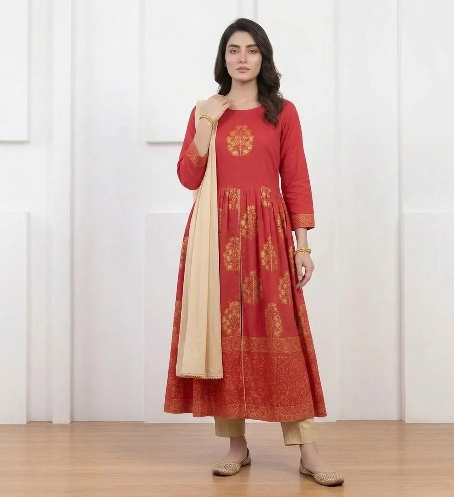 Red Block Printed Arabic Lawn Maxi Set for Women