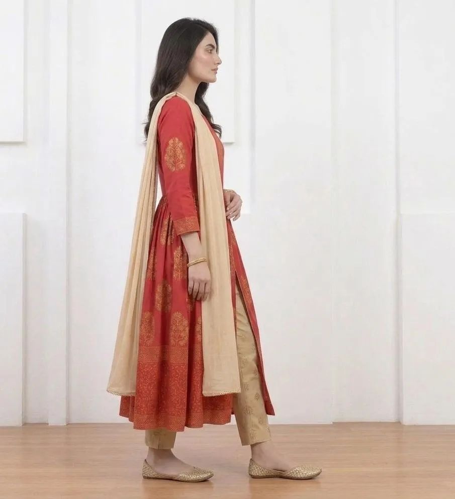 Red Block Printed Arabic Lawn Maxi Set for Women