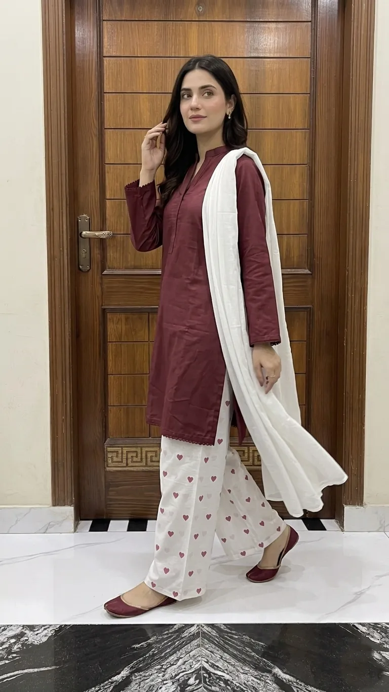 3Pcs Women's Stitched Cotton Lawn Block Printed Suit Viral Heart Printed with Lace