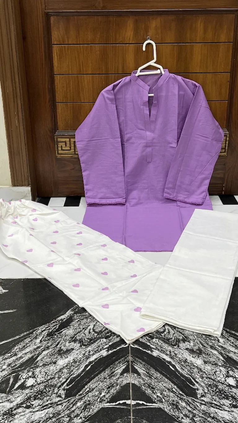 3Pcs Women's Stitched Cotton Lawn Block Printed Suit Viral Heart Printed with Lace