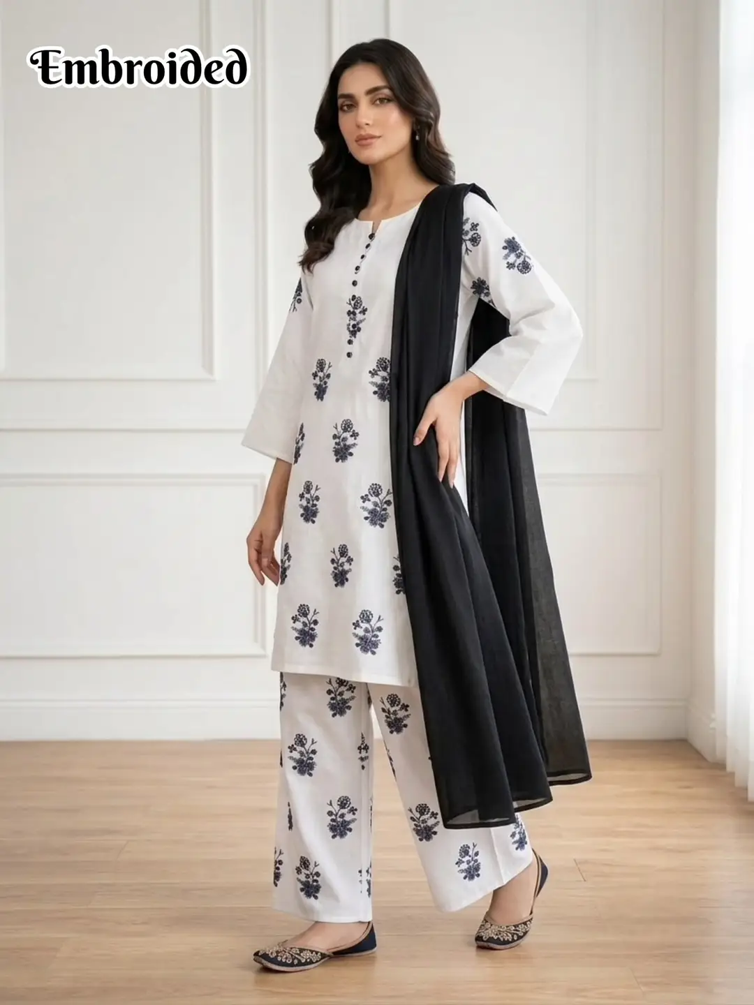 3 Pcs Women's Stitched Cotton Lawn Embroidered Suit