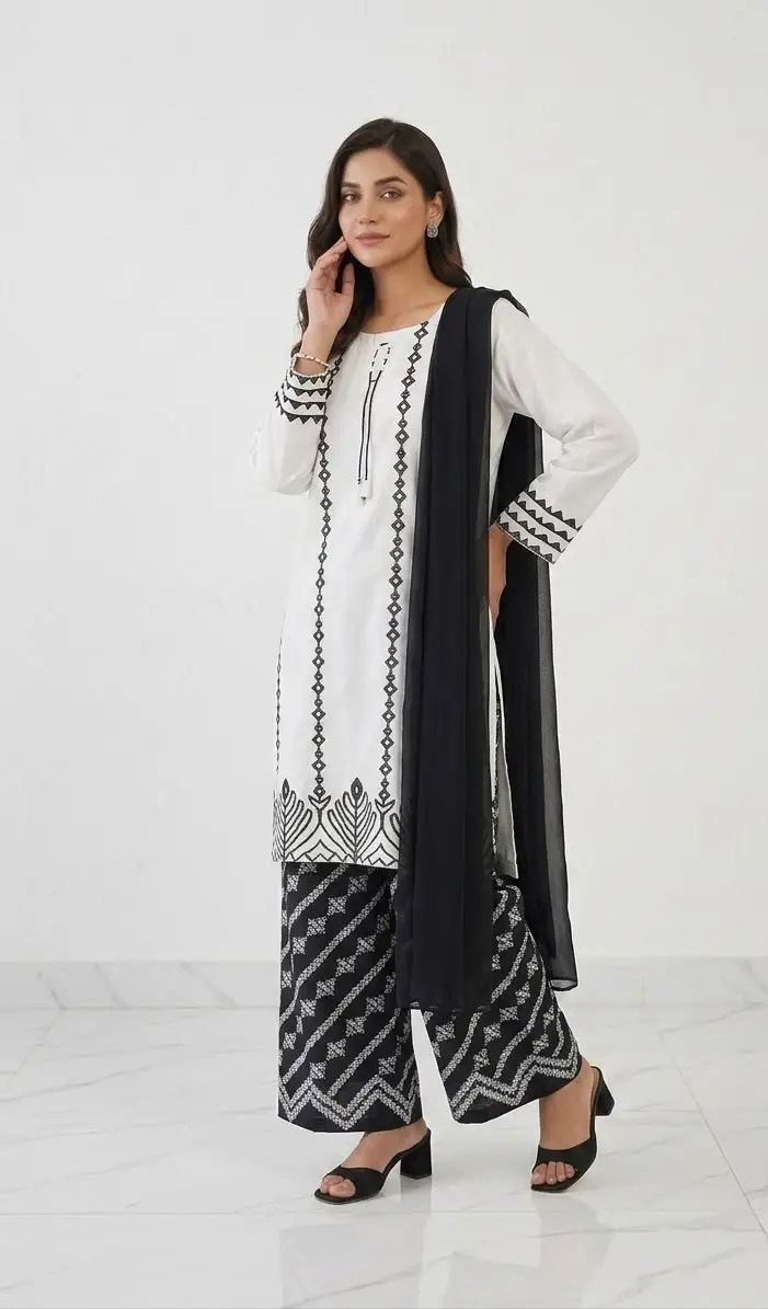 3 Pcs Women's Stitched Cotton Lawn Block Printed Suit with stylish Neck Design
