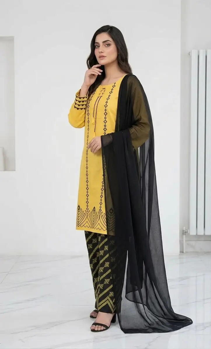 3 Pcs Women's Stitched Cotton Lawn Block Printed Suit with stylish Neck Design