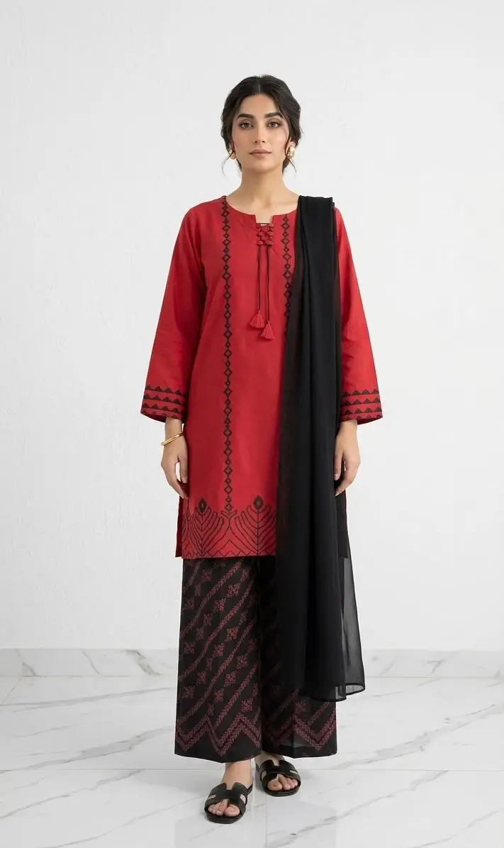 3 Pcs Women's Stitched Cotton Lawn Block Printed Suit with stylish Neck Design