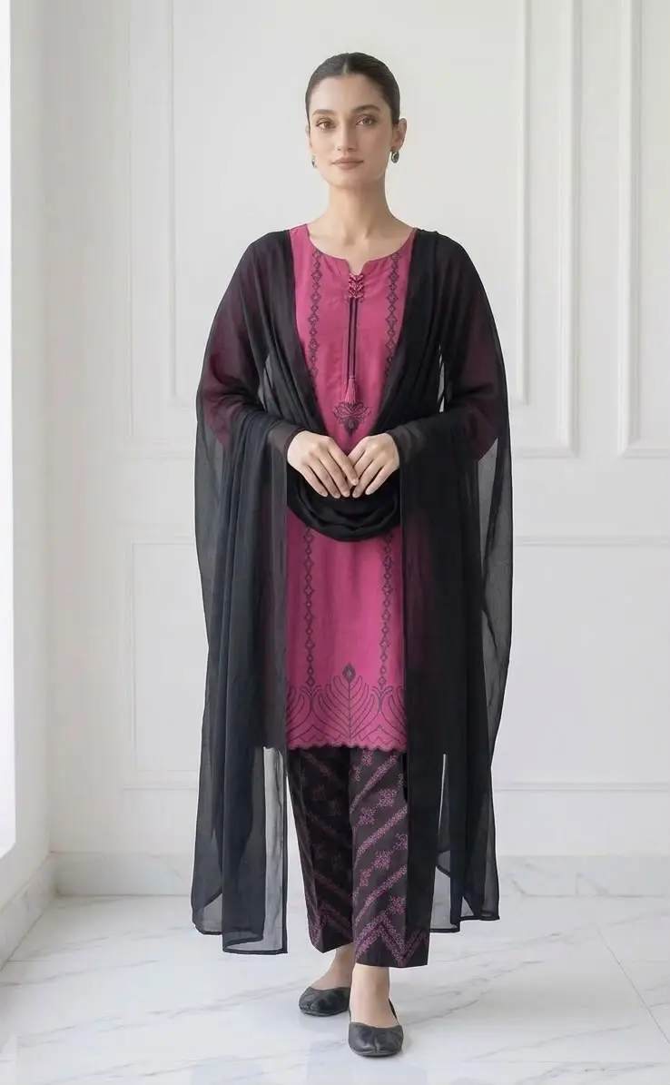 3 Pcs Women's Stitched Cotton Lawn Block Printed Suit with stylish Neck Design