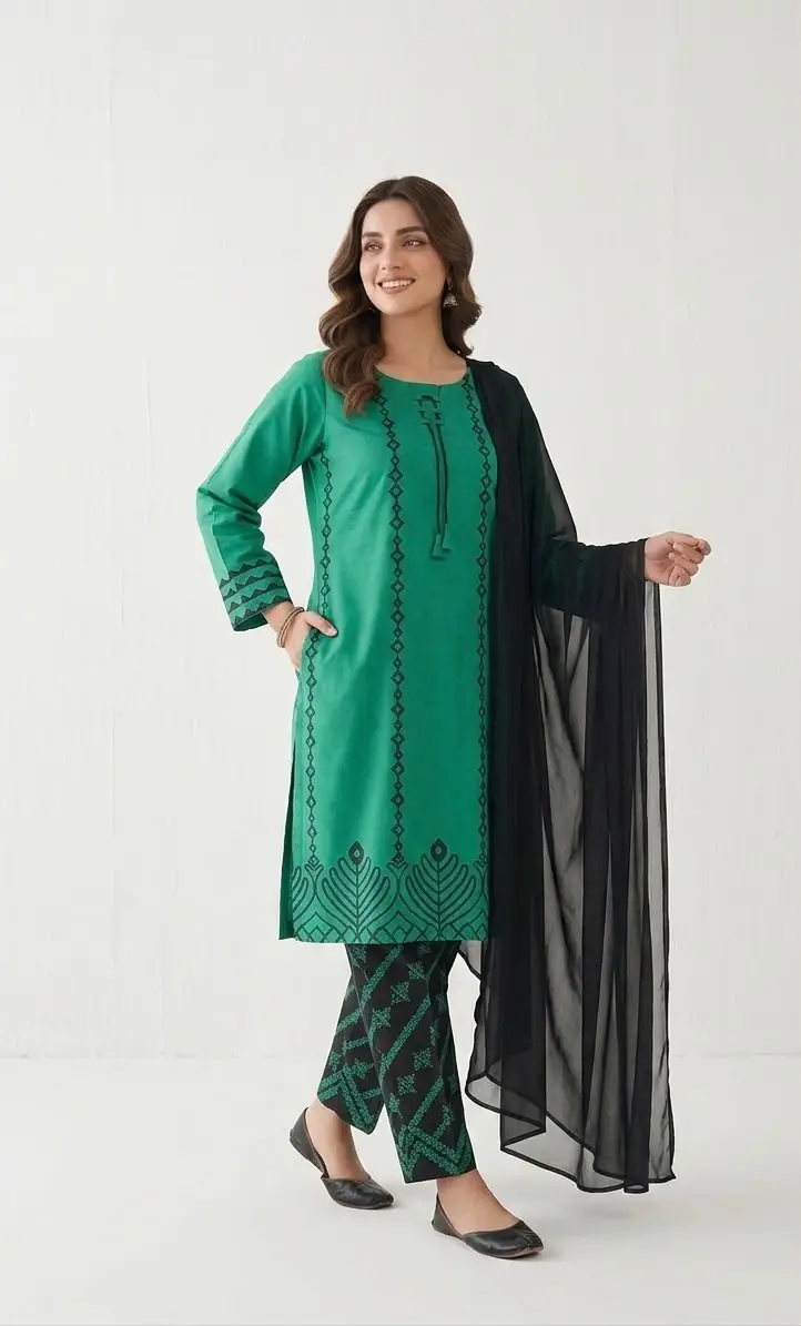 3 Pcs Women's Stitched Cotton Lawn Block Printed Suit with stylish Neck Design