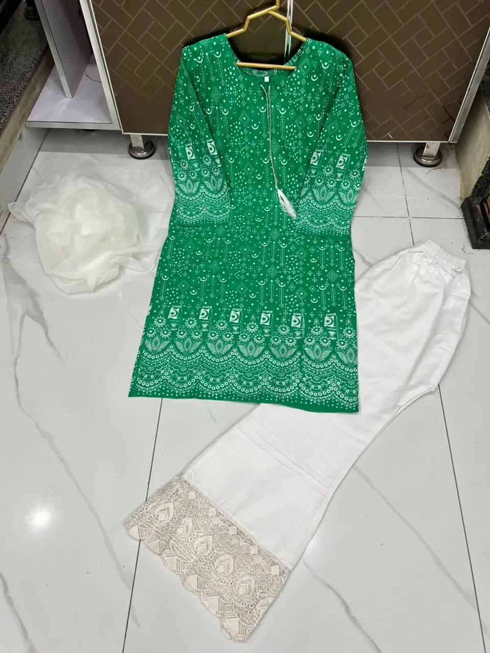 3 Pcs Women's Stitched Arabic Lawn Block Printed Suit Azadi Prints AZ1