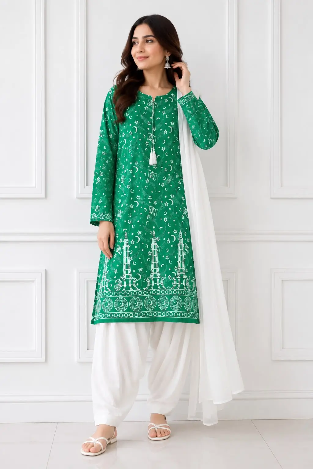 3 Pcs Women's Stitched Arabic Lawn Block Printed Suit with Shalwar