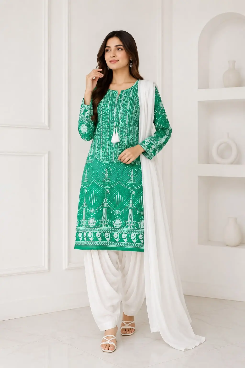 3 Pcs Women's Stitched Arabic Lawn Block Printed Suit with Shalwar