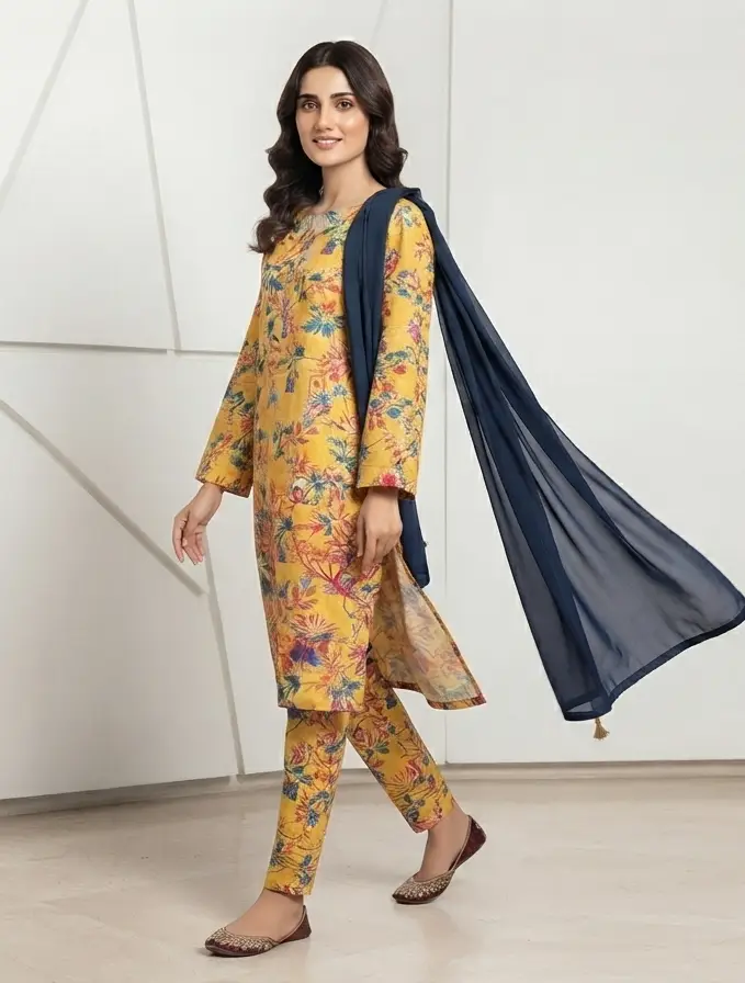 3Pcs Women's Stitched Lawn Printed Suit with Embroidery