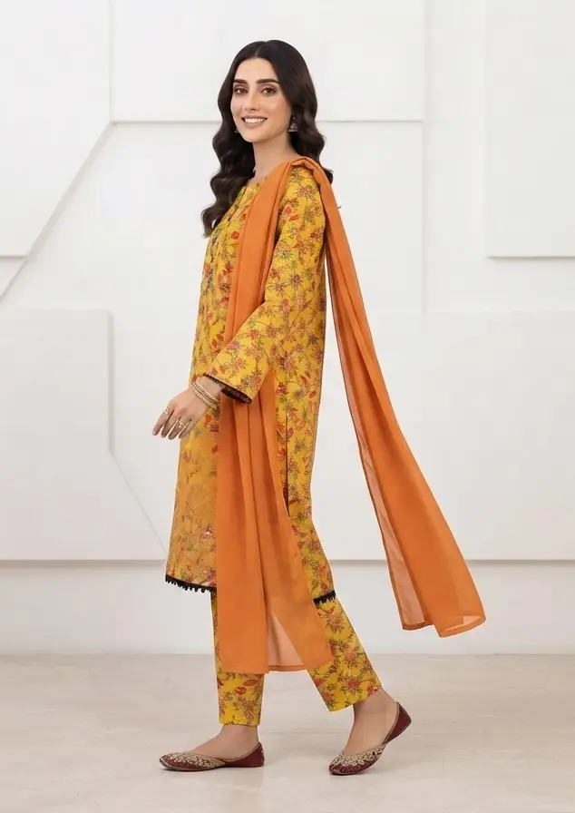 3Pcs Women's Stitched Lawn Printed Suit with Embroidery